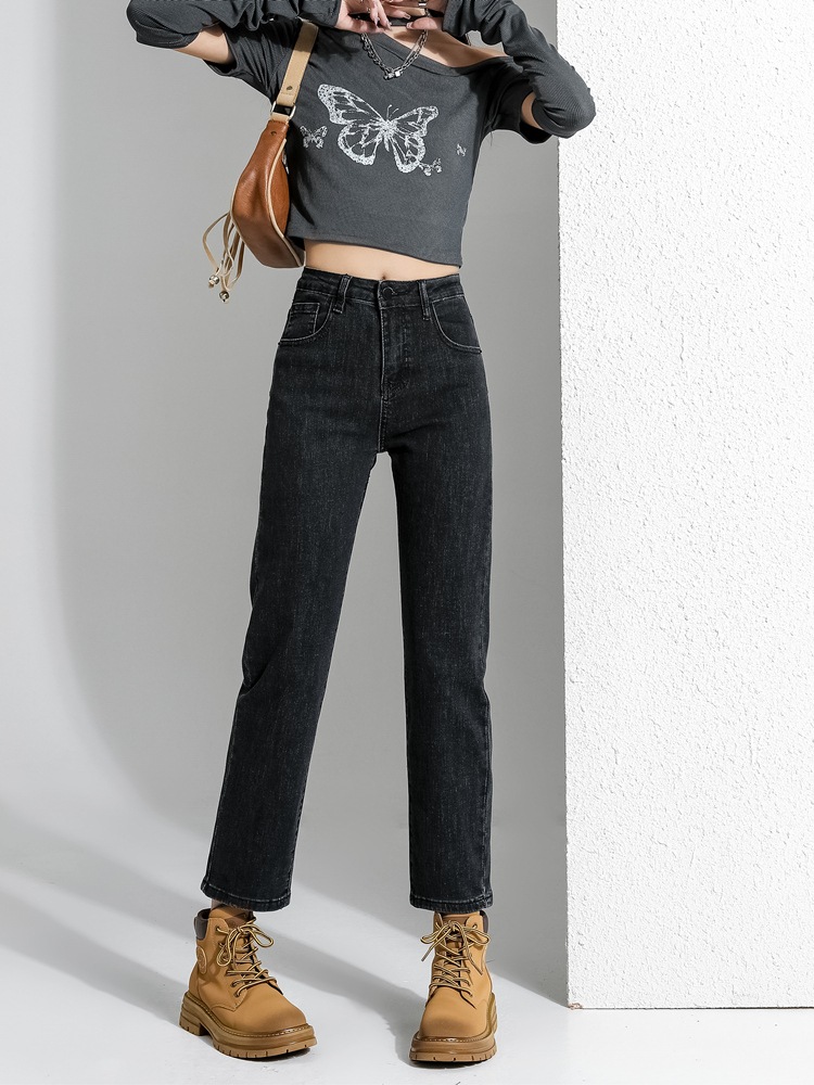 黒とグレーのストレートジーンズ女性春春冬春と春新しい薄い小さなl9ポイントハイウエストの息子