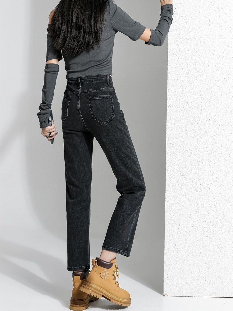 黒とグレーのストレートジーンズ女性春春冬春と春新しい薄い小さなl9ポイントハイウエストの息子