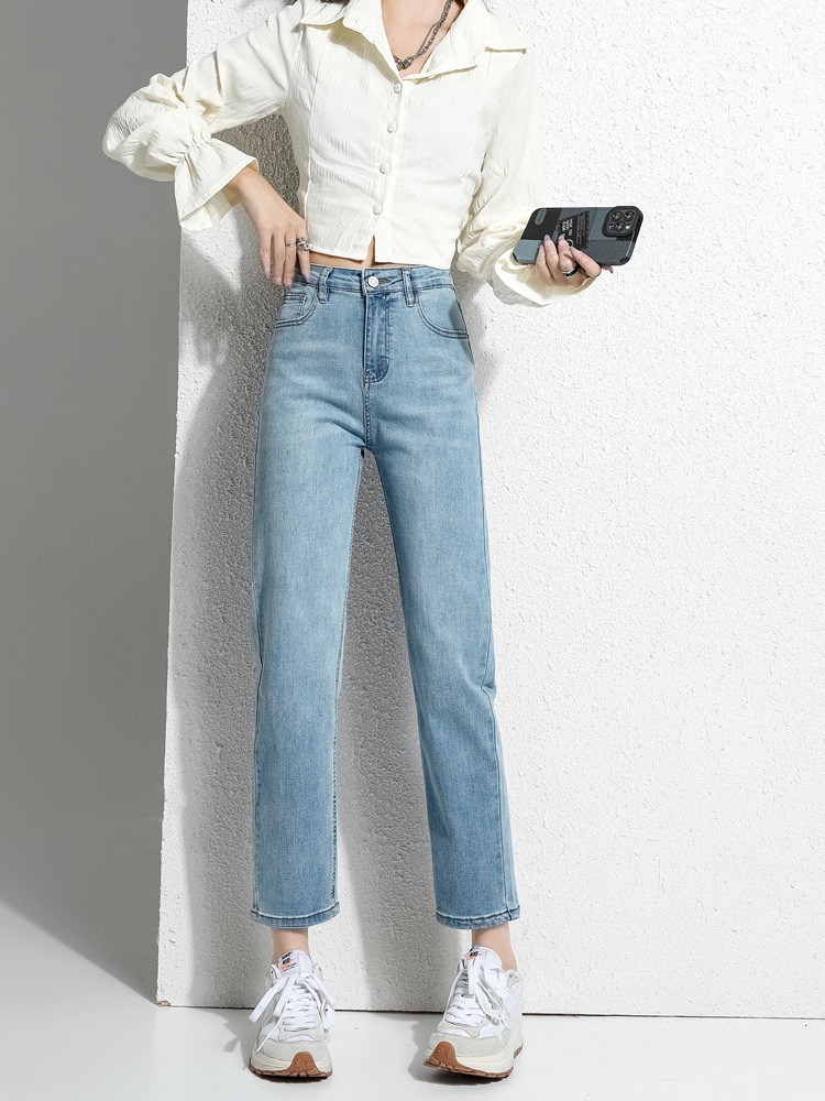 黒とグレーのストレートジーンズ女性春春冬春と春新しい薄い小さなl9ポイントハイウエストの息子