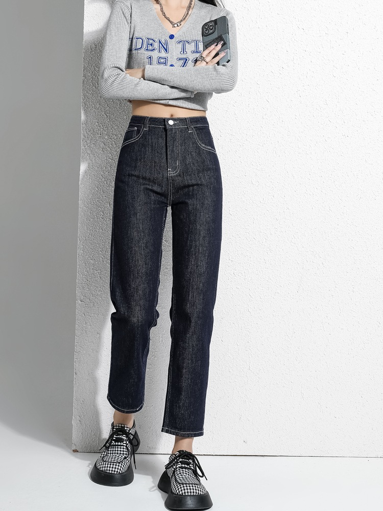 黒とグレーのストレートジーンズ女性春春冬春と春新しい薄い小さなl9ポイントハイウエストの息子