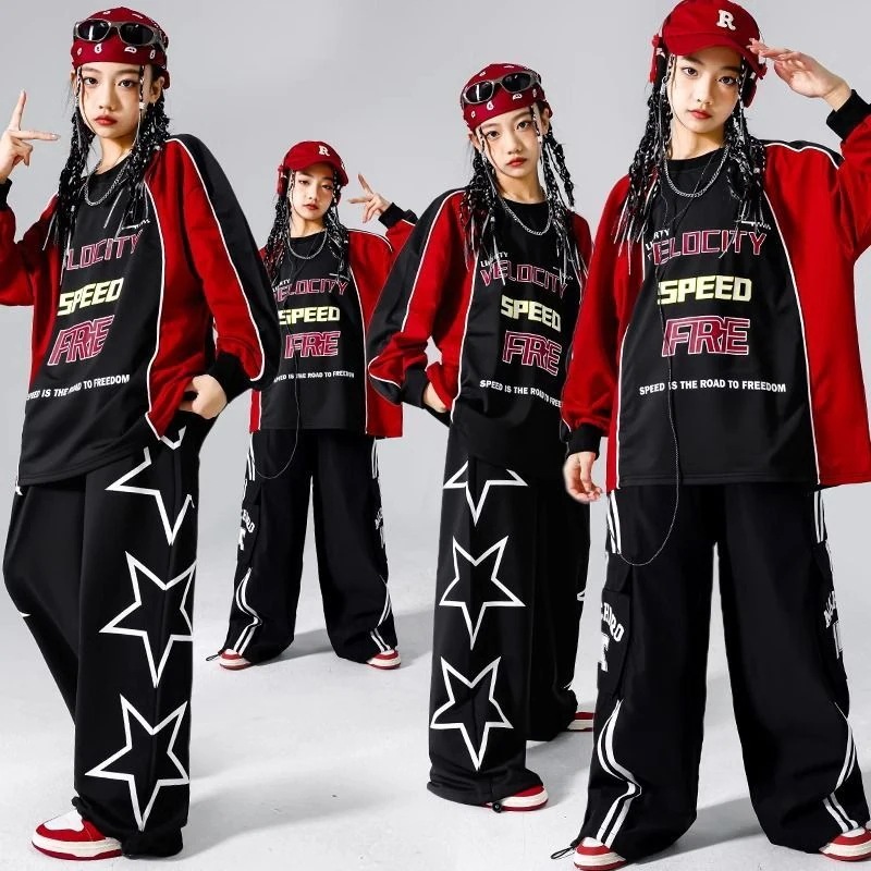 元旦の子供の街のダンスの公演服の男の子のヒップホップのスーツのファッションの赤い子供のhiphopの女性の子供服の機関車の服装 元旦の子供の街のダンスの公演服の男の子のヒップホップのスーツのファッションの赤い子供のhiphopの女性の子供服の機関車の服装