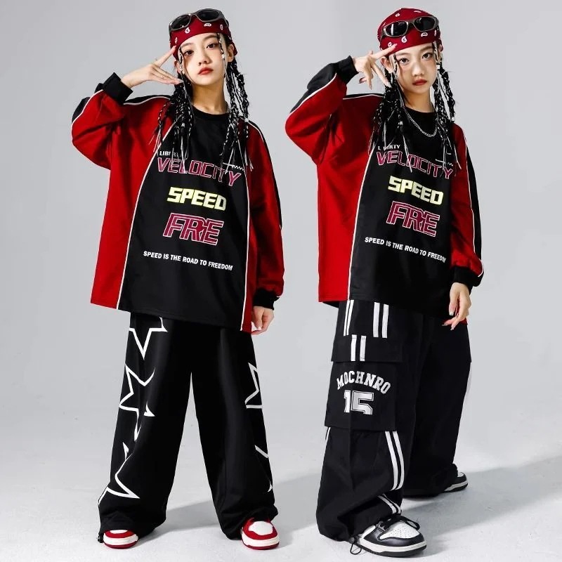 元旦の子供の街のダンスの公演服の男の子のヒップホップのスーツのファッションの赤い子供のhiphopの女性の子供服の機関車の服装 元旦の子供の街のダンスの公演服の男の子のヒップホップのスーツのファッションの赤い子供のhiphopの女性の子供服の機関車の服装