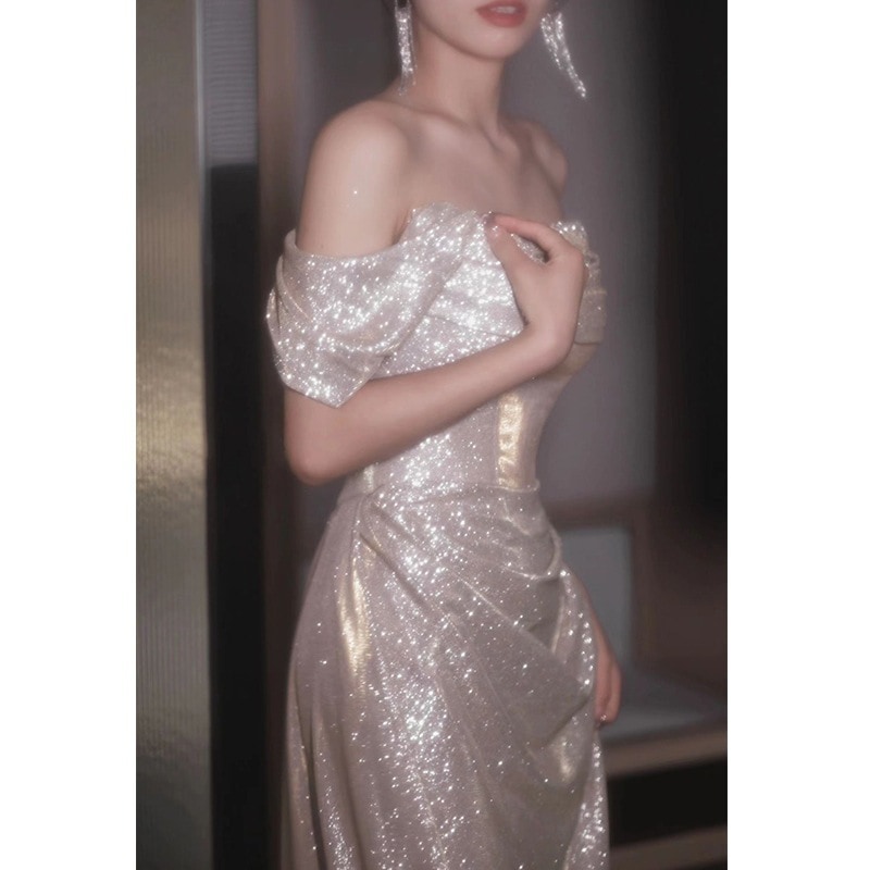 2024 ドレス ワンショルダーイブニングドレス新しいスタイルシルバー気質ハイエンド光沢のあるトーストウェア花嫁宴会ホスト女性 2024 ドレス ワンショルダーイブニングドレス新しいスタイルシルバー気質ハイエンド光沢のあるトーストウェア花嫁宴会ホスト女性