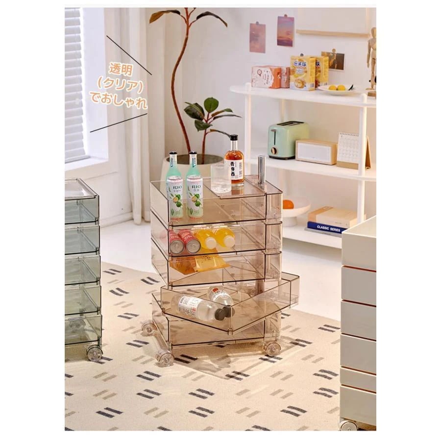 早いもの胜ち カラーラック ワゴン キャスター付き 5段 カラーラック 透明 クリア 収納 ラック 収納棚 回転式 トレイワゴン回転 スリム レトロ カラフル 韓国インテリア