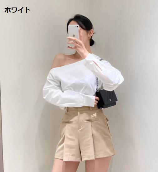 オフショルダーブラウス シャツ トップス ワンショルダー シャツ スリーブ オフショルダー ワンショルダー レディース 大人 春 夏 長袖 おしゃれ かわいい きれいめ カジュアル 肩出し シンプル