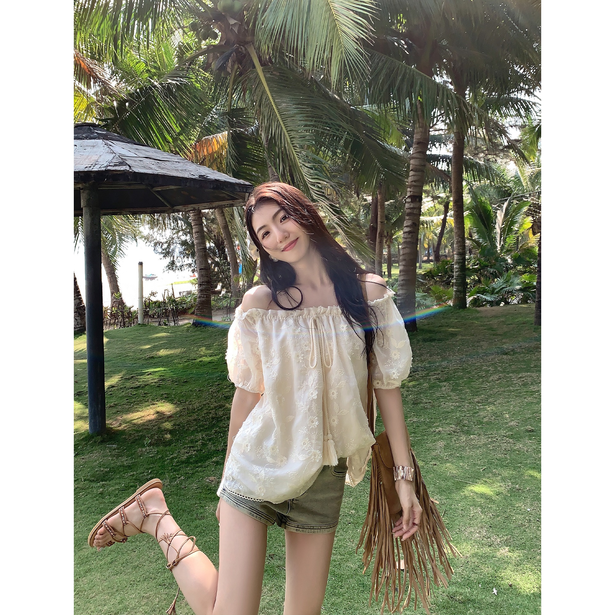 マルバンテンセルレース刺繍半袖シャツレディースルーズオフショルダーシフォンシャツショルダーシャツデリケートシャツ マルバンテンセルレース刺繍半袖シャツレディースルーズオフショルダーシフォンシャツショルダーシャツデリケートシャツ