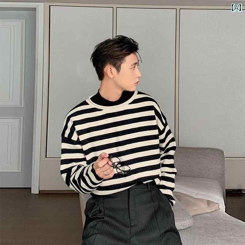 シャツ メンズ 秋 冬 カジュアル 黒白 ストライプセーター カップル セーター ラウンドネック トップス