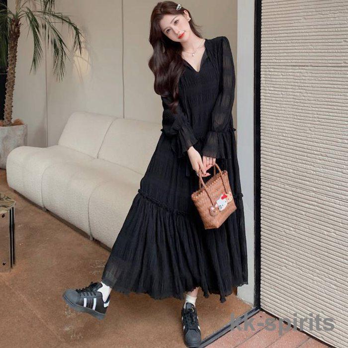 ワンピース レディース Vネック ロングワンピース フレア袖 ワンピース 秋冬 春 長袖 ブラック きれいめ ワンピース レディース Vネック ロングワンピース フレア袖 ワンピース 秋冬 春 長袖 ブラック きれいめ