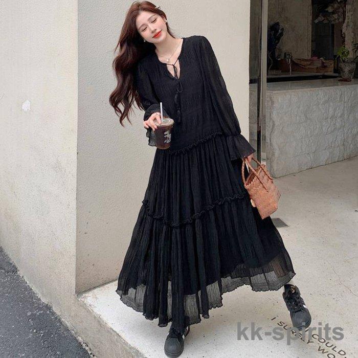 ワンピース レディース Vネック ロングワンピース フレア袖 ワンピース 秋冬 春 長袖 ブラック きれいめ ワンピース レディース Vネック ロングワンピース フレア袖 ワンピース 秋冬 春 長袖 ブラック きれいめ