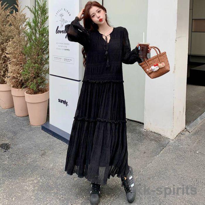 ワンピース レディース Vネック ロングワンピース フレア袖 ワンピース 秋冬 春 長袖 ブラック きれいめ ワンピース レディース Vネック ロングワンピース フレア袖 ワンピース 秋冬 春 長袖 ブラック きれいめ