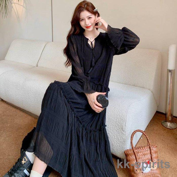 ワンピース レディース Vネック ロングワンピース フレア袖 ワンピース 秋冬 春 長袖 ブラック きれいめ ワンピース レディース Vネック ロングワンピース フレア袖 ワンピース 秋冬 春 長袖 ブラック きれいめ