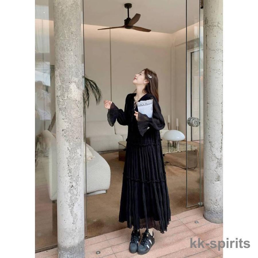 ワンピース レディース Vネック ロングワンピース フレア袖 ワンピース 秋冬 春 長袖 ブラック きれいめ ワンピース レディース Vネック ロングワンピース フレア袖 ワンピース 秋冬 春 長袖 ブラック きれいめ