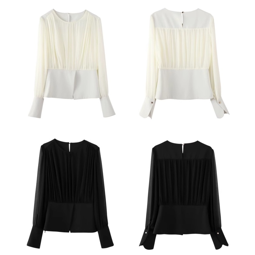 個性的 トップス シャツ ブラウス プルオーバー 袖あり 長袖 ラウンドネック 襟なし 切り替えデザイン プリーツ 透け感 シースルー 薄手 大人 上品 おしゃれ お洒落 大人女子 クール セクシー