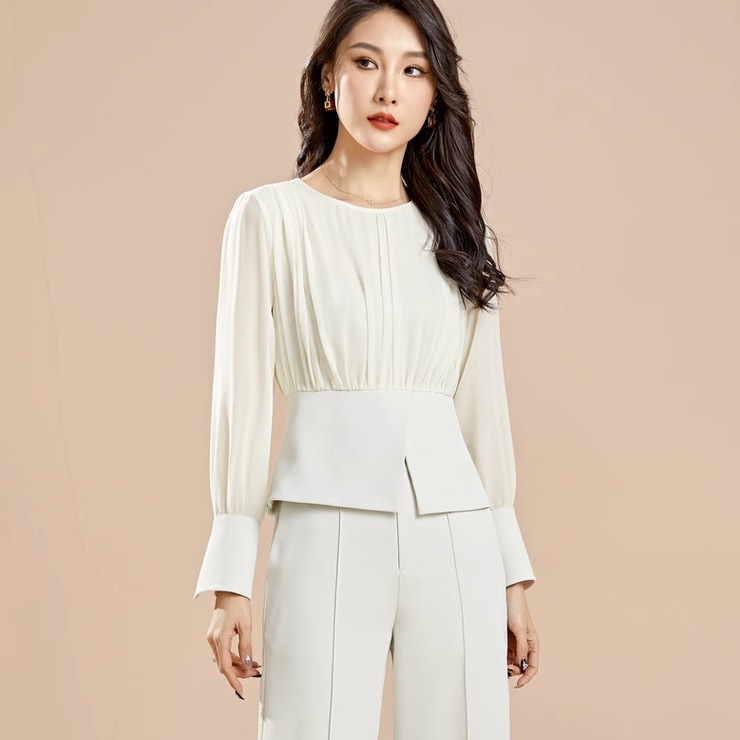 個性的 トップス シャツ ブラウス プルオーバー 袖あり 長袖 ラウンドネック 襟なし 切り替えデザイン プリーツ 透け感 シースルー 薄手 大人 上品 おしゃれ お洒落 大人女子 クール セクシー