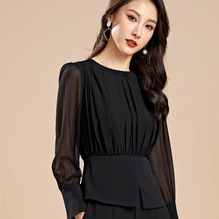 個性的 トップス シャツ ブラウス プルオーバー 袖あり 長袖 ラウンドネック 襟なし 切り替えデザイン プリーツ 透け感 シースルー 薄手 大人 上品 おしゃれ お洒落 大人女子 クール セクシー