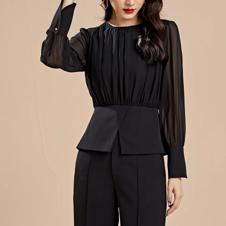 個性的 トップス シャツ ブラウス プルオーバー 袖あり 長袖 ラウンドネック 襟なし 切り替えデザイン プリーツ 透け感 シースルー 薄手 大人 上品 おしゃれ お洒落 大人女子 クール セクシー