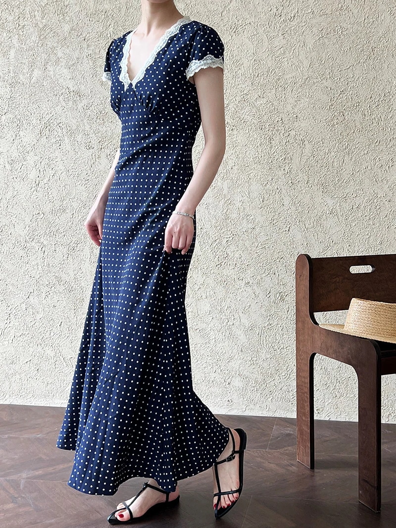 フランス レース ポリエステル繊維 ワンピース 夏 はてん Vネック ウエスト引き締め 着痩せ ロングスカート