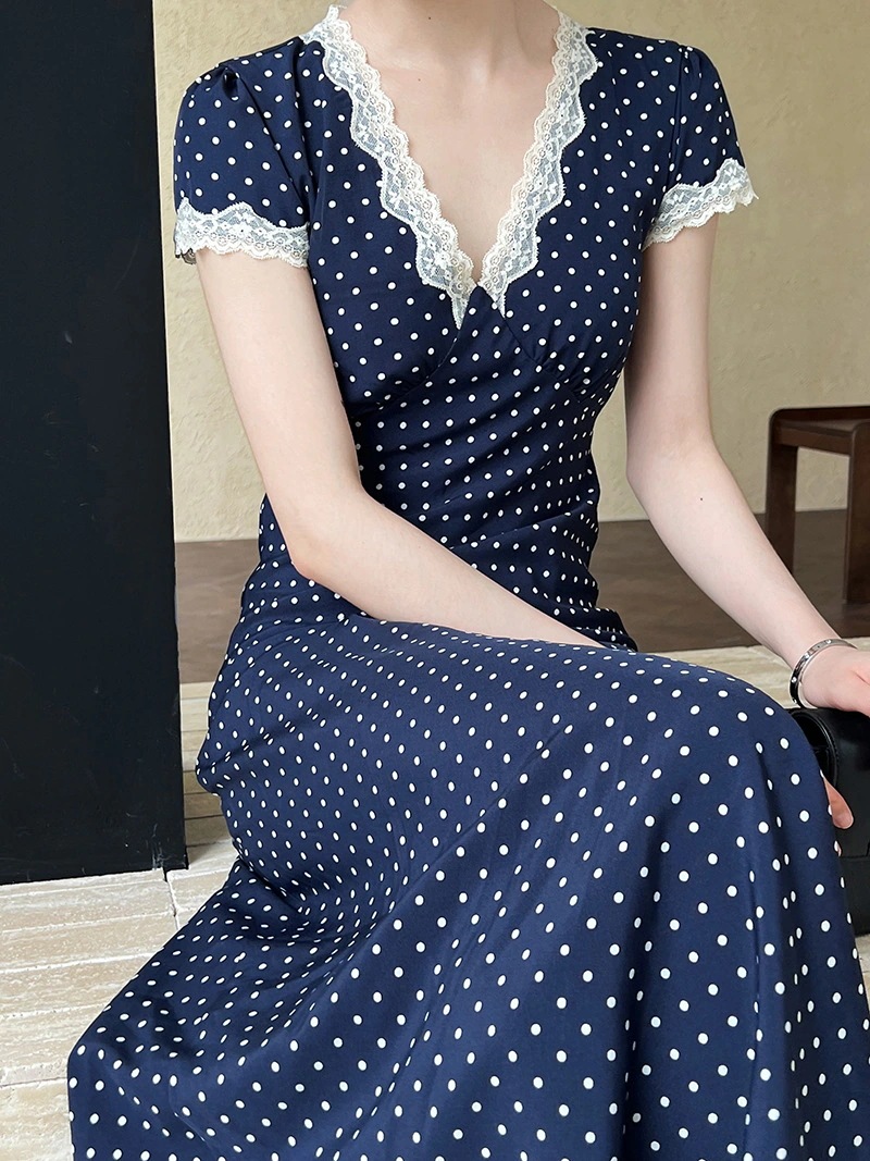 フランス レース ポリエステル繊維 ワンピース 夏 はてん Vネック ウエスト引き締め 着痩せ ロングスカート