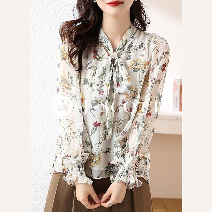 花柄ボウタイブラウス シフォン素材 ふんわり袖 袖口ギャザー 裏地有り 長袖 フェミニン シースルー セレカジ 華奢魅せ しっかり見え リッチ きちんと感 女性用(ホワイト, M) 花柄ボウタイブラウス シフォン素材 ふんわり袖 袖口ギャザー 裏地有り 長袖 フェミニン シースルー セレカジ 華奢魅せ しっかり見え リッチ きちんと感 女性用(ホワイト, M)