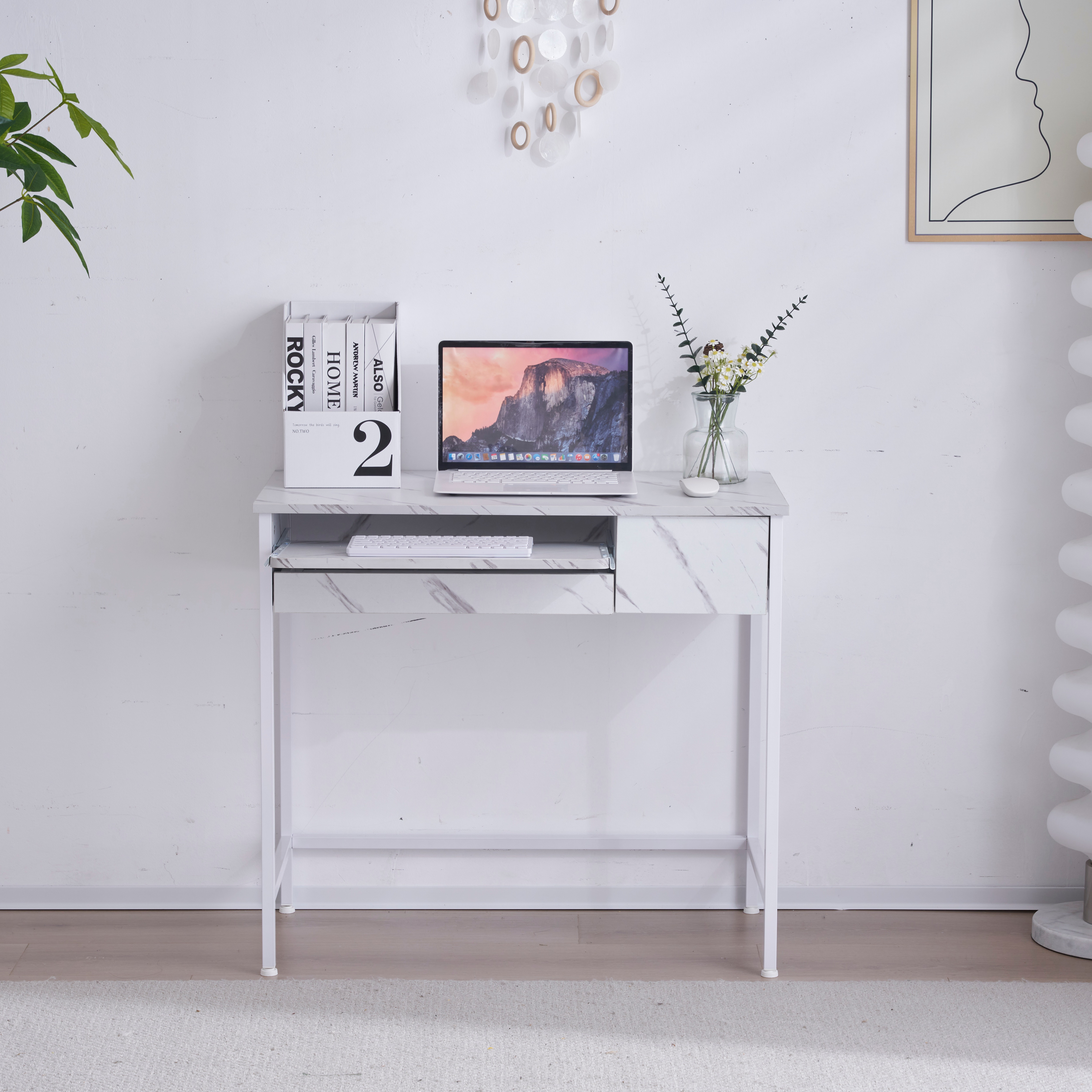 パソコンデスク 引き出し付き 収納台 pcデスク 机 大理石柄 おしゃれ キーボード付 ミシン台 学習机 勉強机 新作 China WhiteGGSP235