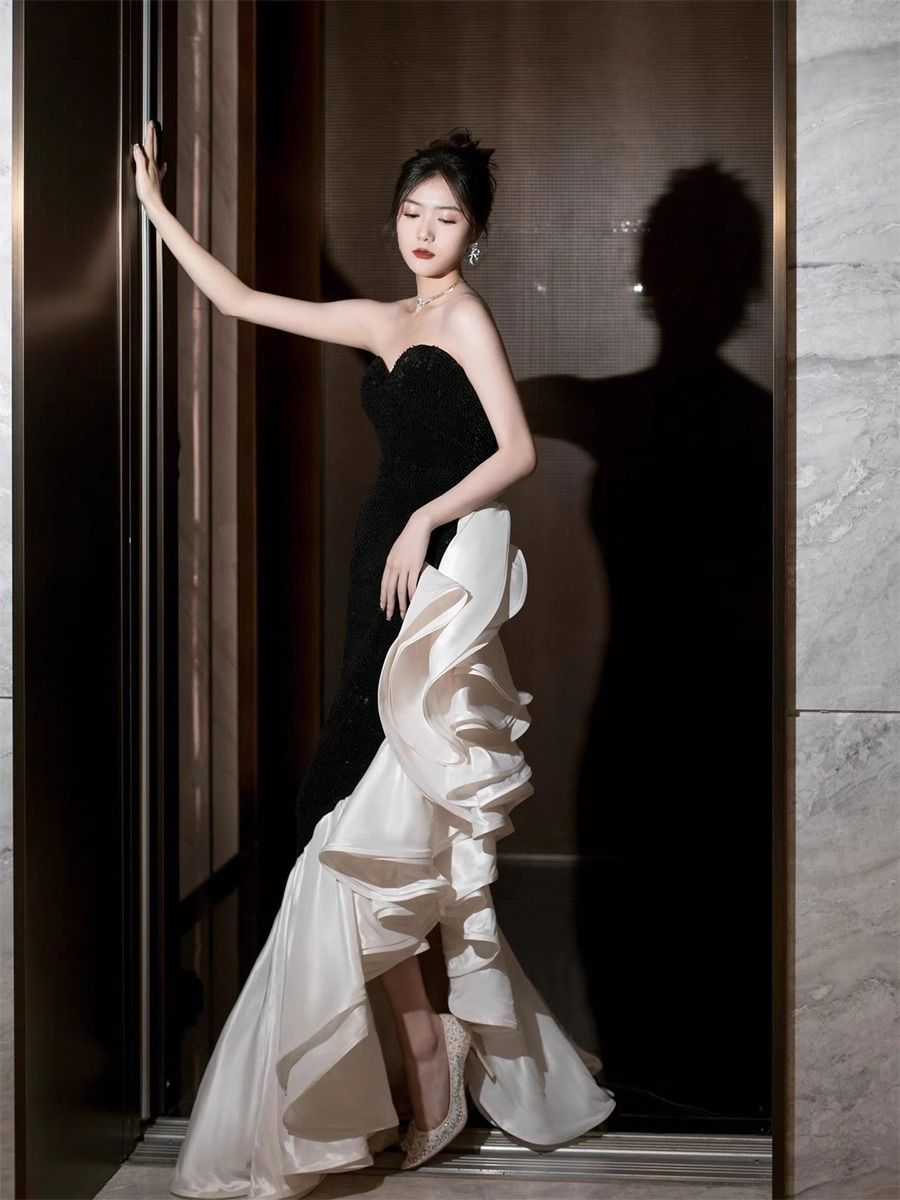 波状テールスカートドレスブライダルバンケットレトロイブニングドレス気質ドレス 波状テールスカートドレスブライダルバンケットレトロイブニングドレス気質ドレス