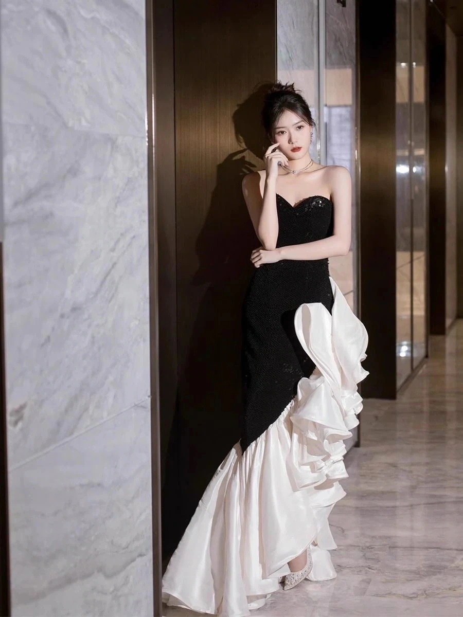 波状テールスカートドレスブライダルバンケットレトロイブニングドレス気質ドレス 波状テールスカートドレスブライダルバンケットレトロイブニングドレス気質ドレス