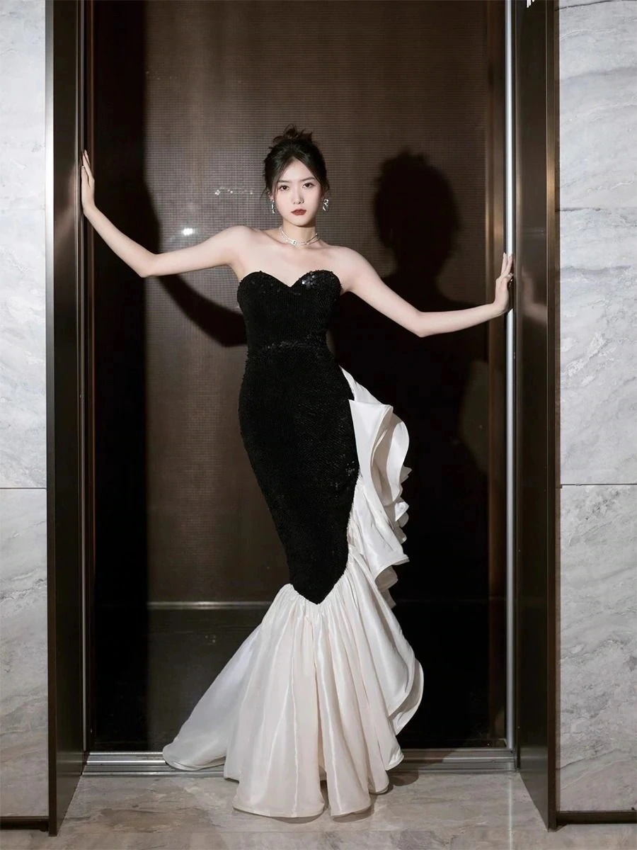 波状テールスカートドレスブライダルバンケットレトロイブニングドレス気質ドレス 波状テールスカートドレスブライダルバンケットレトロイブニングドレス気質ドレス