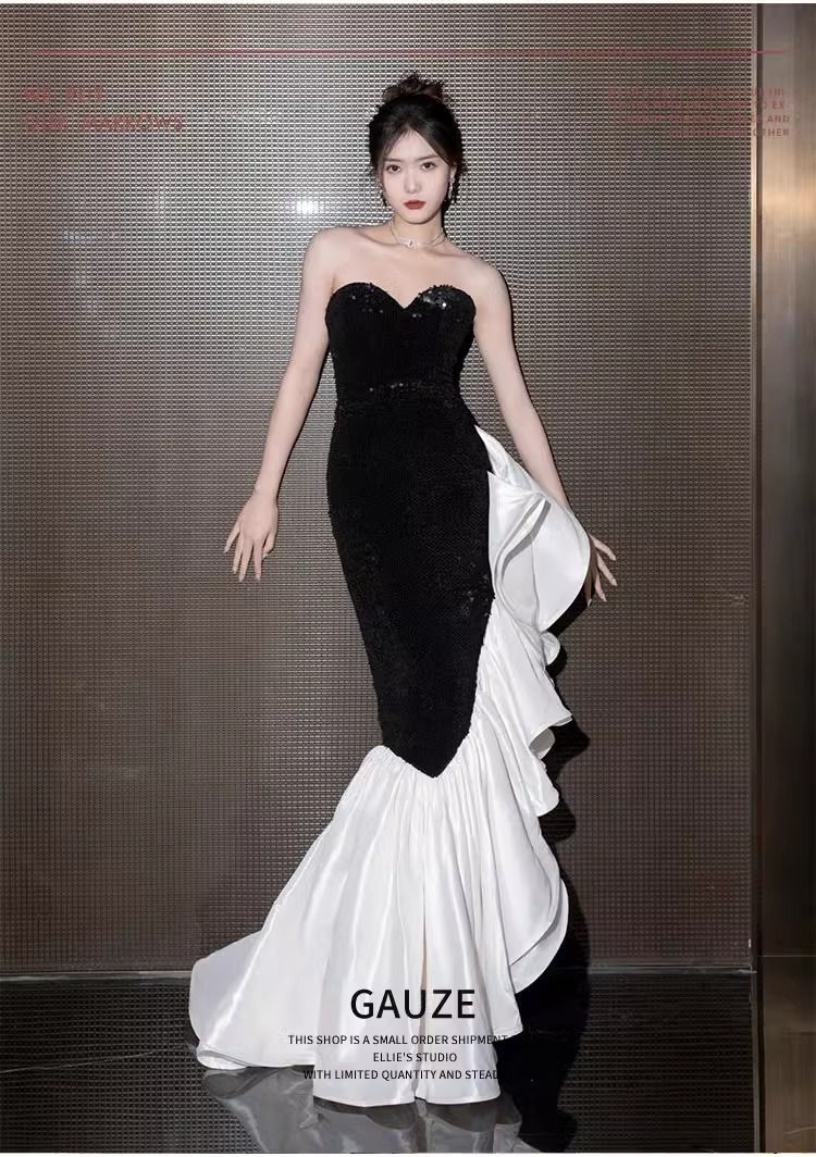 波状テールスカートドレスブライダルバンケットレトロイブニングドレス気質ドレス 波状テールスカートドレスブライダルバンケットレトロイブニングドレス気質ドレス