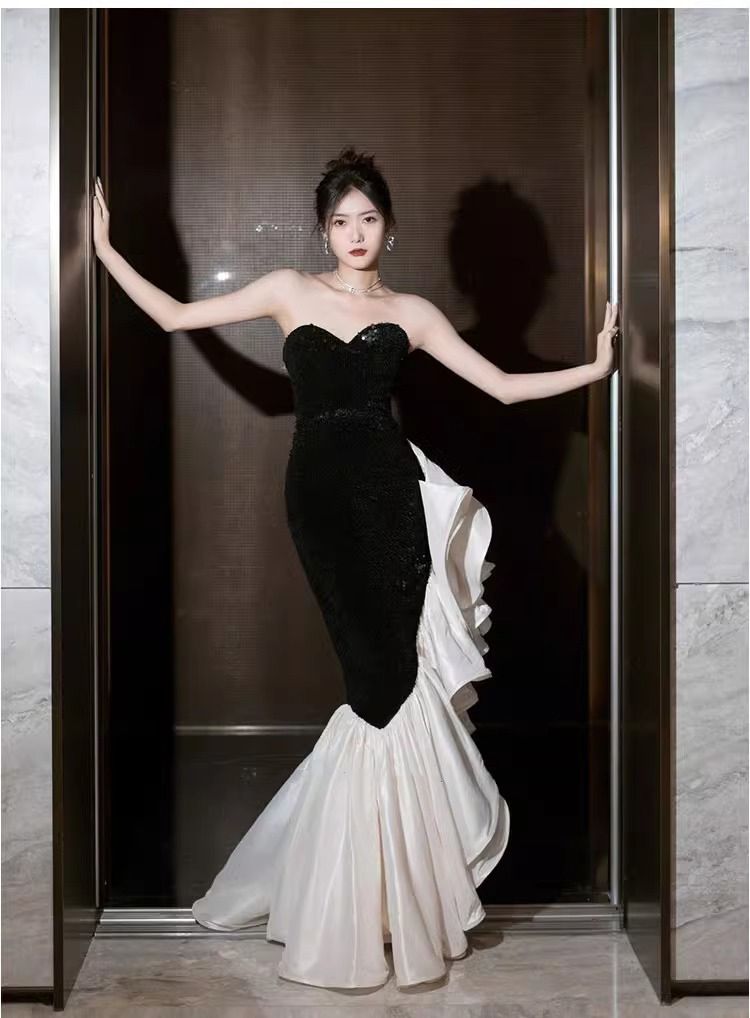 波状テールスカートドレスブライダルバンケットレトロイブニングドレス気質ドレス 波状テールスカートドレスブライダルバンケットレトロイブニングドレス気質ドレス