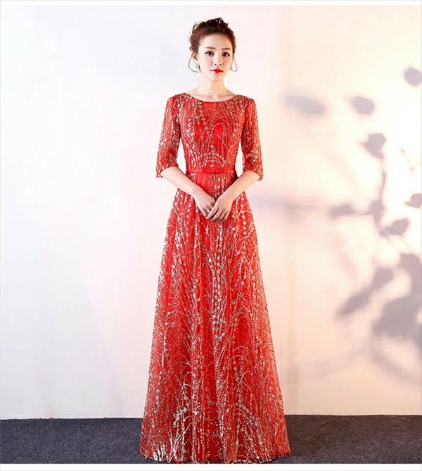 激安セール ドレス 大人 ピアノ 発表会 演奏会用ドレス ロングドレス 演奏会 イブニングドレス 結婚式 母親 ピアノ発表会 中学生 パーティードレス 発表会ドレス 赤 袖付き 高校生 演奏会ドレス_7