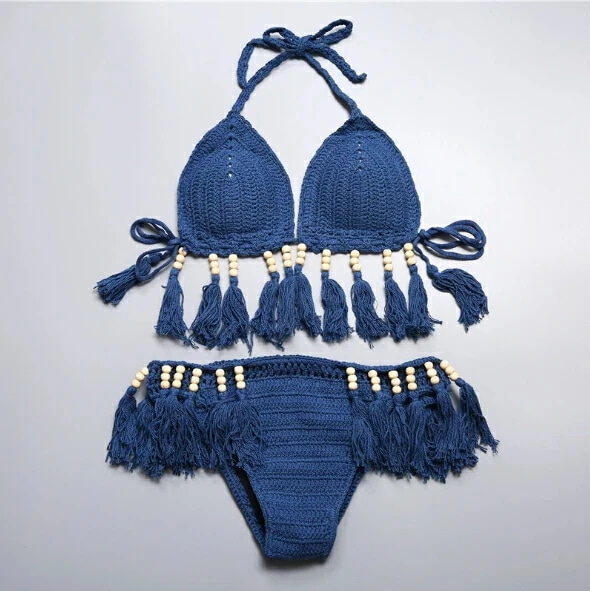 039017 上下２点セット タッセル セクシービキニ かき編み ハンドメイド 素材にこだわった一着オシャレ ニット 水着 ブラジリアン レディース水着 ビキニ 欧米人気 セレブ愛用 海 旅行 新