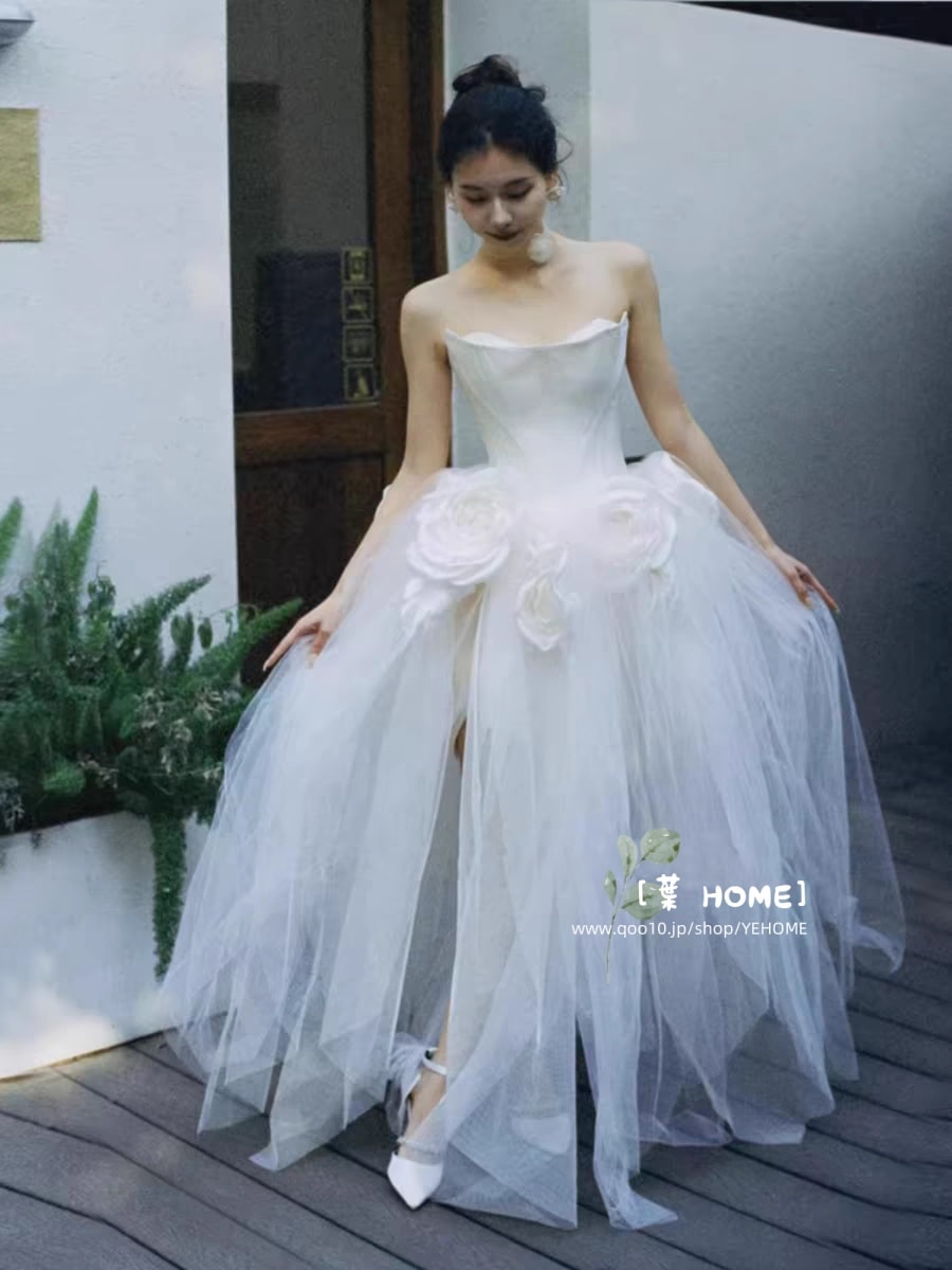 森系 パーティードレス ウェディングドレス 立体花 花嫁ロングドレス 結婚式 二次会 エレガント お呼ばれ 挙式 簡約 姫系発表会 コンサート 韓国ファッション ポンポンスカート