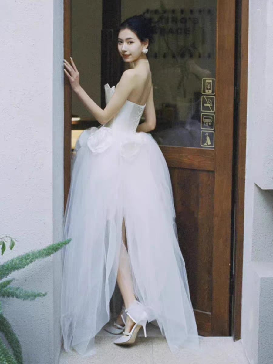 森系 パーティードレス ウェディングドレス 立体花 花嫁ロングドレス 結婚式 二次会 エレガント お呼ばれ 挙式 簡約 姫系発表会 コンサート 韓国ファッション ポンポンスカート