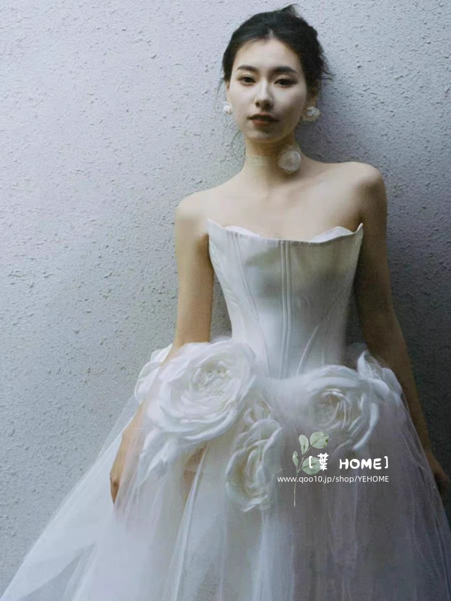 森系 パーティードレス ウェディングドレス 立体花 花嫁ロングドレス 結婚式 二次会 エレガント お呼ばれ 挙式 簡約 姫系発表会 コンサート 韓国ファッション ポンポンスカート