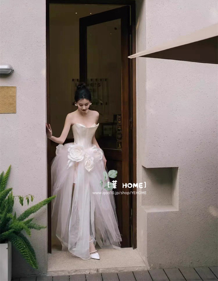 森系 パーティードレス ウェディングドレス 立体花 花嫁ロングドレス 結婚式 二次会 エレガント お呼ばれ 挙式 簡約 姫系発表会 コンサート 韓国ファッション ポンポンスカート