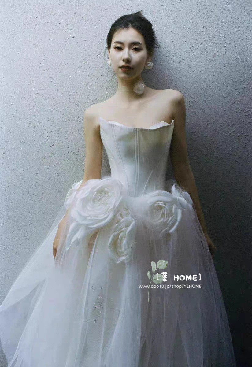 森系 パーティードレス ウェディングドレス 立体花 花嫁ロングドレス 結婚式 二次会 エレガント お呼ばれ 挙式 簡約 姫系発表会 コンサート 韓国ファッション ポンポンスカート