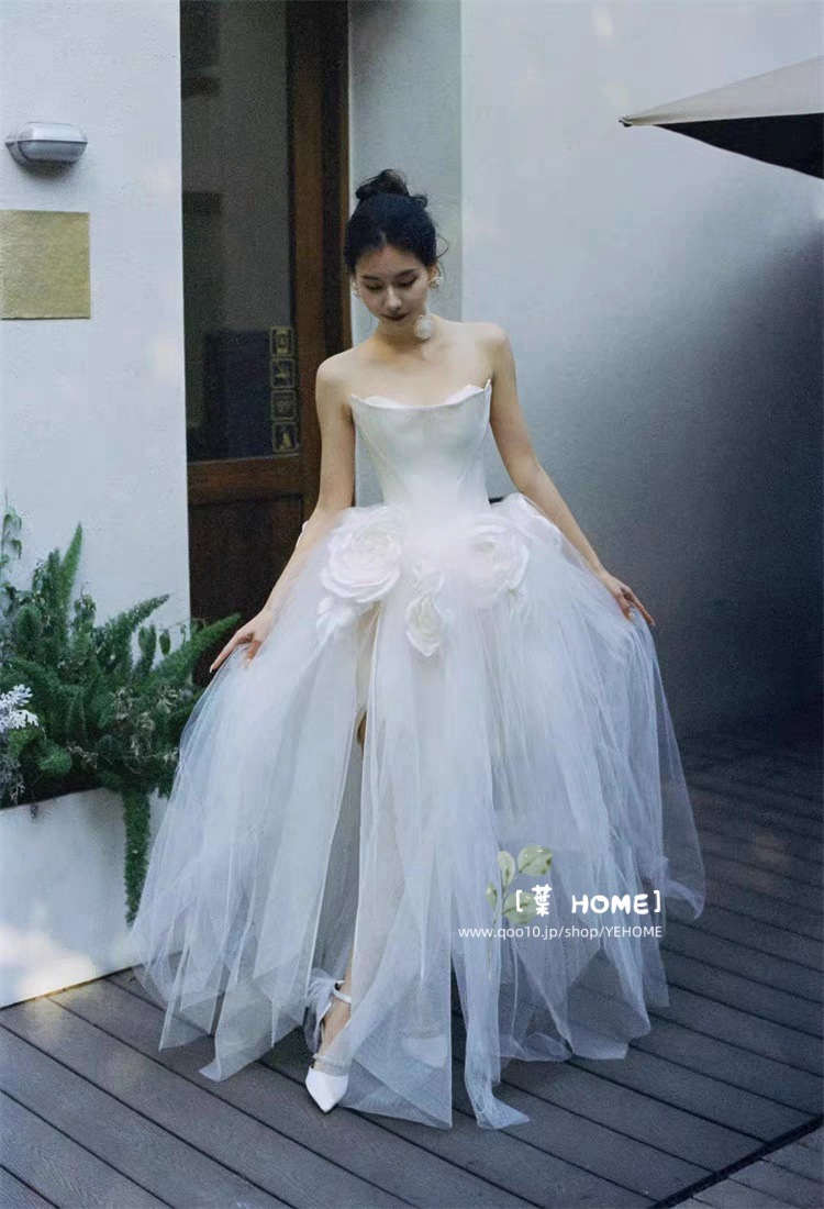 森系 パーティードレス ウェディングドレス 立体花 花嫁ロングドレス 結婚式 二次会 エレガント お呼ばれ 挙式 簡約 姫系発表会 コンサート 韓国ファッション ポンポンスカート