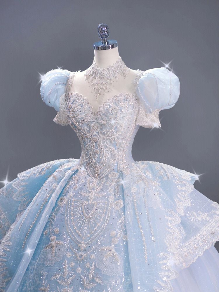 ウェディングドレス 2024 花嫁 パフスリーブ リトルメインベール ウィンターブルー
