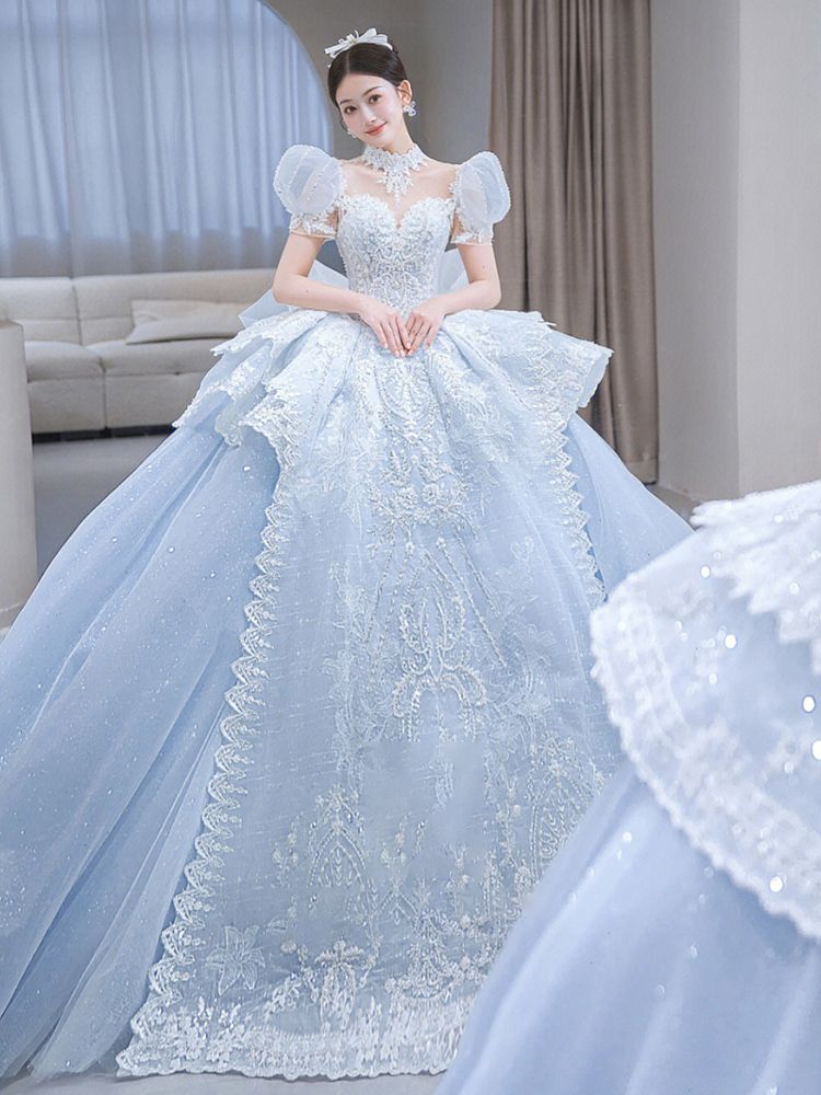 ウェディングドレス 2024 花嫁 パフスリーブ リトルメインベール ウィンターブルー