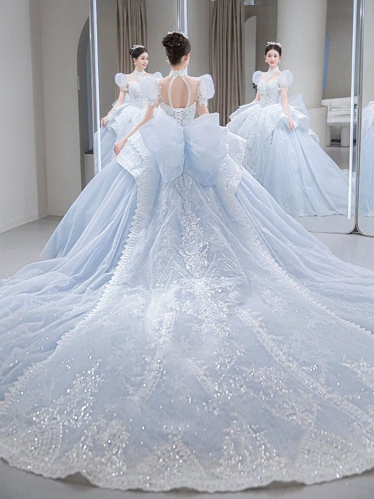 ウェディングドレス 2024 花嫁 パフスリーブ リトルメインベール ウィンターブルー