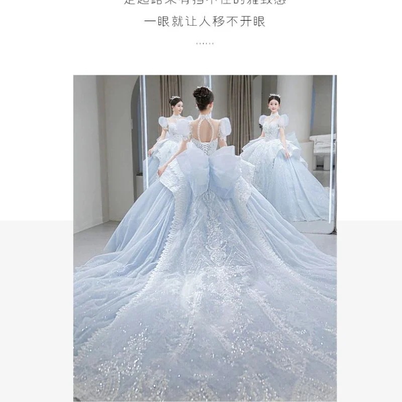 ウェディングドレス 2024 花嫁 パフスリーブ リトルメインベール ウィンターブルー