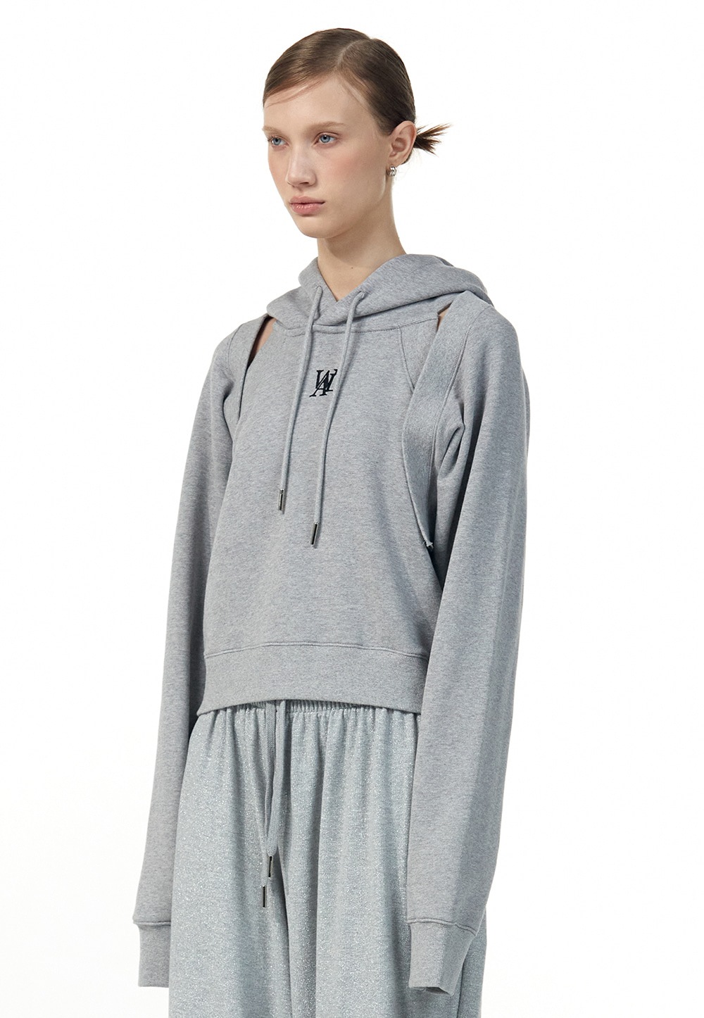 【WOOALONG】 HOOD BOLERO SET-UP : MELANGE GREY 【WOOALONG】 HOOD BOLERO SET-UP : MELANGE GREY