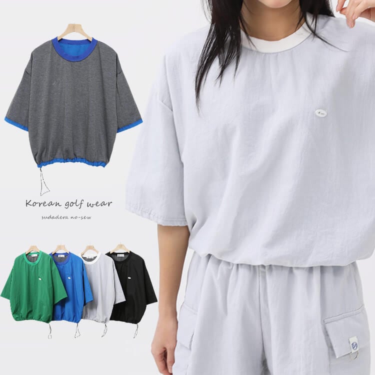 ゴルフウェア Ｔシャツ レディース 韓国 半袖 5分袖 トップス トレーニング テニス ジム ダンス トレーニングウェア 春 夏 秋 無地 シンプル 裏地付き カジュアル 緑 青 グレー 黒 ゴルフ女