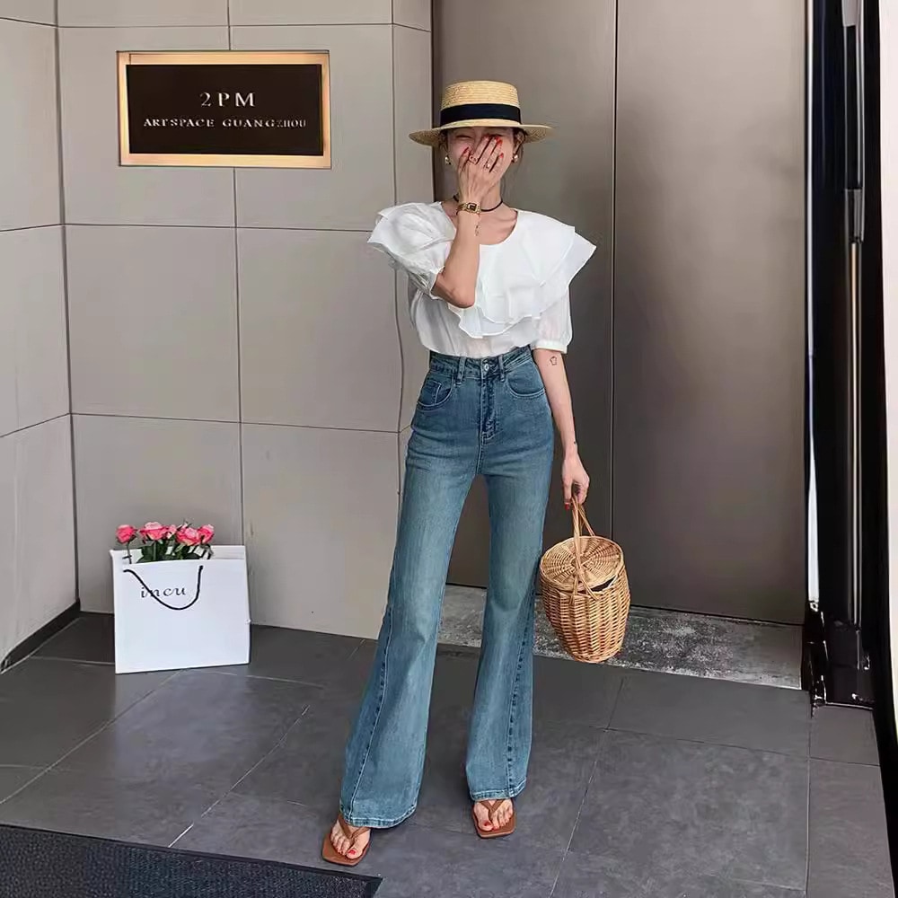 Kel2024ローレグブーツカットパンツライトブルーハイウエストジーンズ女性用ゆったりスリムフロアレングス夏