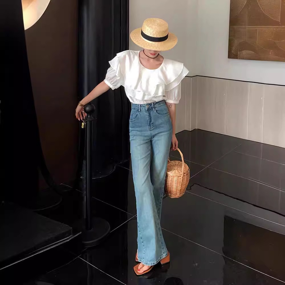 Kel2024ローレグブーツカットパンツライトブルーハイウエストジーンズ女性用ゆったりスリムフロアレングス夏