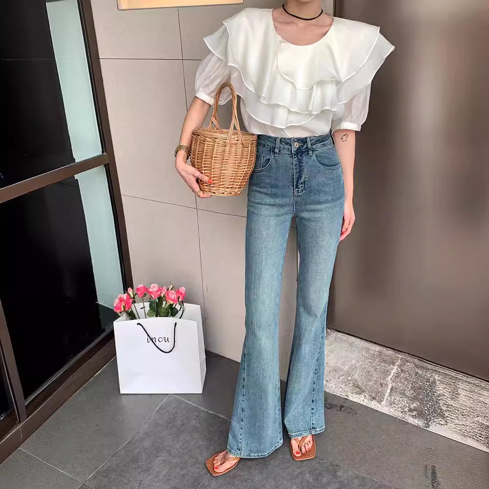 Kel2024ローレグブーツカットパンツライトブルーハイウエストジーンズ女性用ゆったりスリムフロアレングス夏