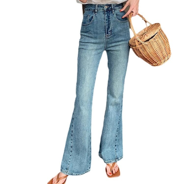 Kel2024ローレグブーツカットパンツライトブルーハイウエストジーンズ女性用ゆったりスリムフロアレングス夏