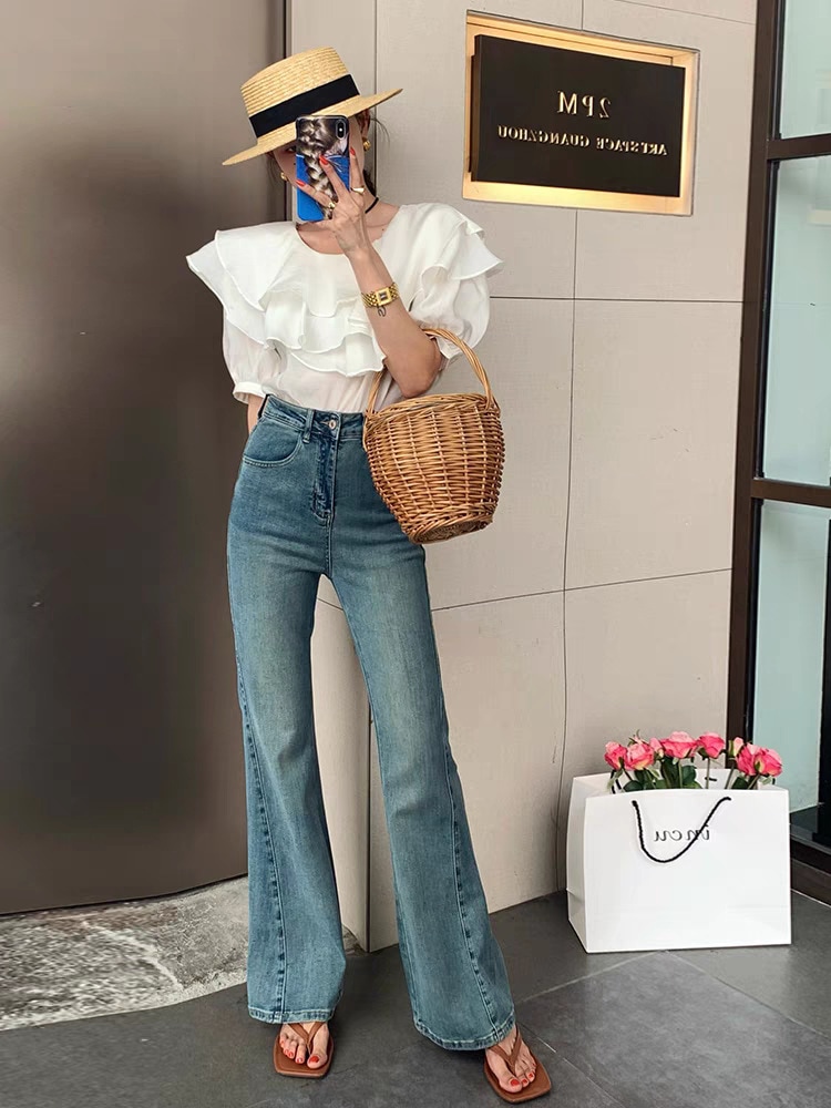 Kel2024ローレグブーツカットパンツライトブルーハイウエストジーンズ女性用ゆったりスリムフロアレングス夏