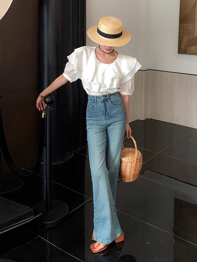 Kel2024ローレグブーツカットパンツライトブルーハイウエストジーンズ女性用ゆったりスリムフロアレングス夏