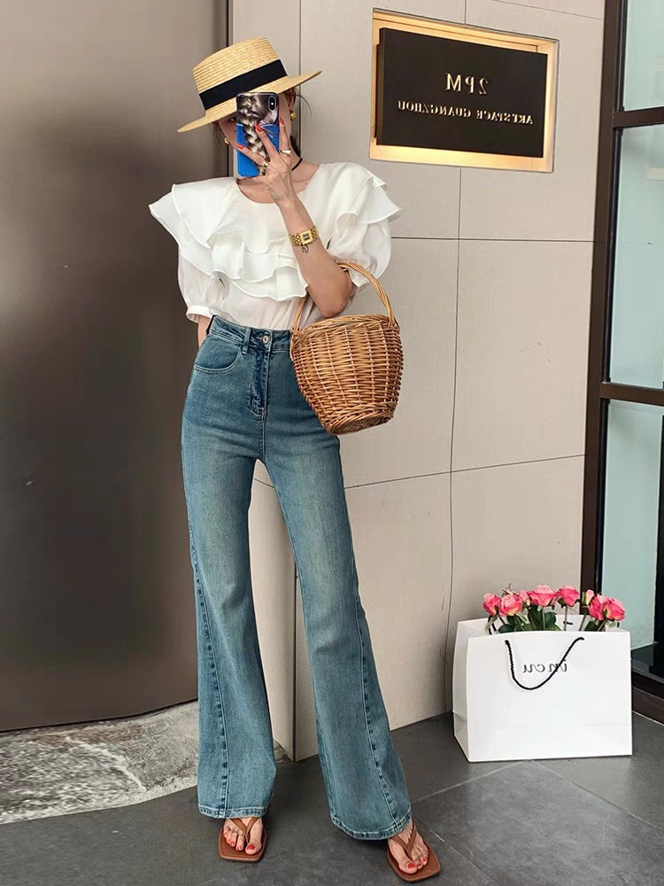 Kel2024ローレグブーツカットパンツライトブルーハイウエストジーンズ女性用ゆったりスリムフロアレングス夏